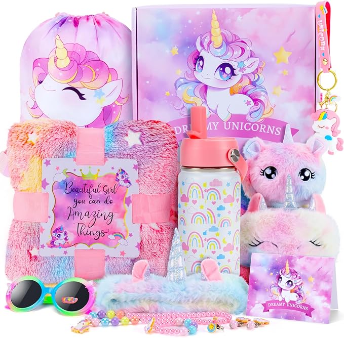 Unicorn Toys for Girls, Kids Gifts with Glowing Blanket, Water Bottle, Eye Mask, Headband, Crossbody Bag, Sunglasses - 12PCS Birthday Gift Toys for Girls 6-10+
