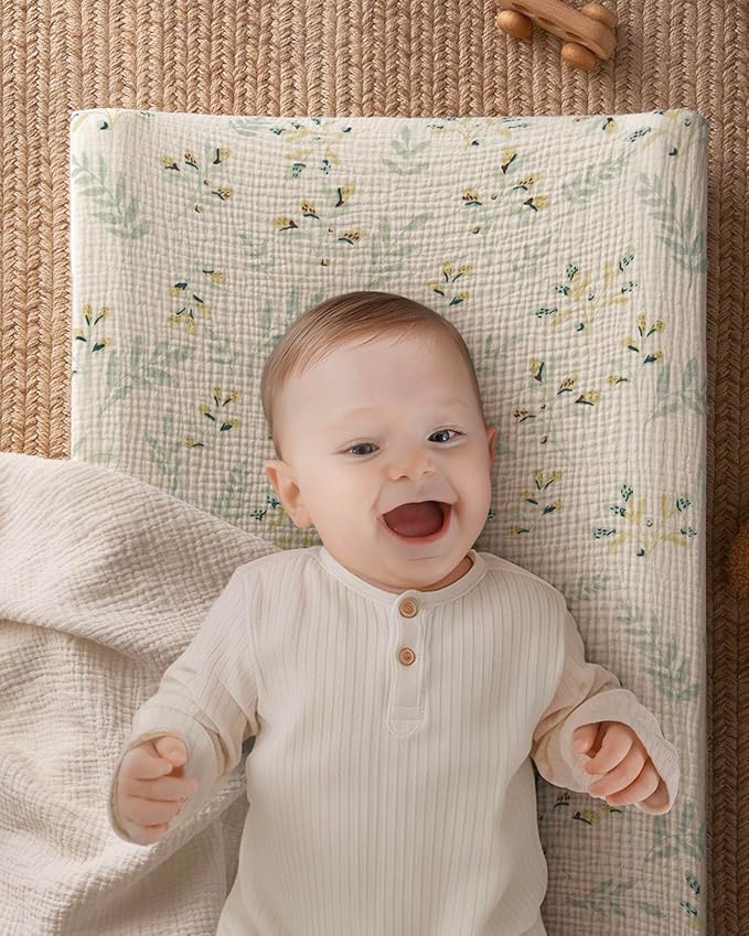 Blissful Diary Muslin Baby Changing Pad with Waterproof Lining Foam, Diaper Changing Table Pad with Cover for Dressers (Botanical Leaf, Rectangular)