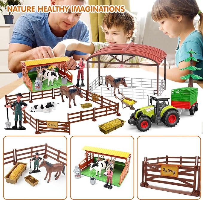 Dwi Dowellin Farm Animal Toys Set,69 Pcs Farm Toys with Tractor with Trailer,Horse Stable Grain Bins Horse Cow Farmer Figures Fence Playset for Kids Toddlers Boy Girl 3-12 Years Old