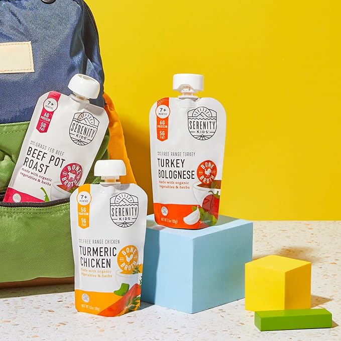 Serenity Kids 7+ Months Bone Broth Puree Made with Organic Veggies - BPA-Free Organic Baby Food Pouches with Veggies & Ethically Raised Meat - Clean Label Project Certified - 3.5 Oz, 6 Pack