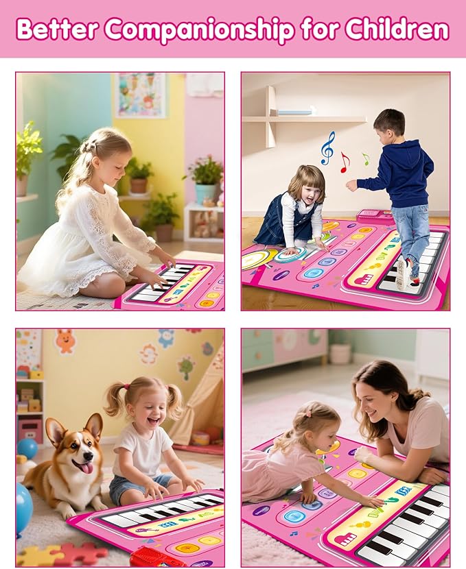 Toys for 1 Year Old Girl Gifts, Baby Musical Mat with Piano & Drum, Adjustable Volume, 12-18 Months Toddler Toys, Christmas Birthday Easter Gifts for 1-2 Year Olds Boys Girls (Pink)