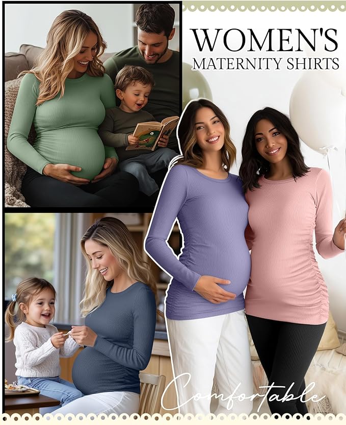 Ficerd 4 Pack Women's Maternity Shirts Cotton Long Sleeve Ribbed Crew Neck Pregnancy Tops Side Ruched Casual Mama Clothes