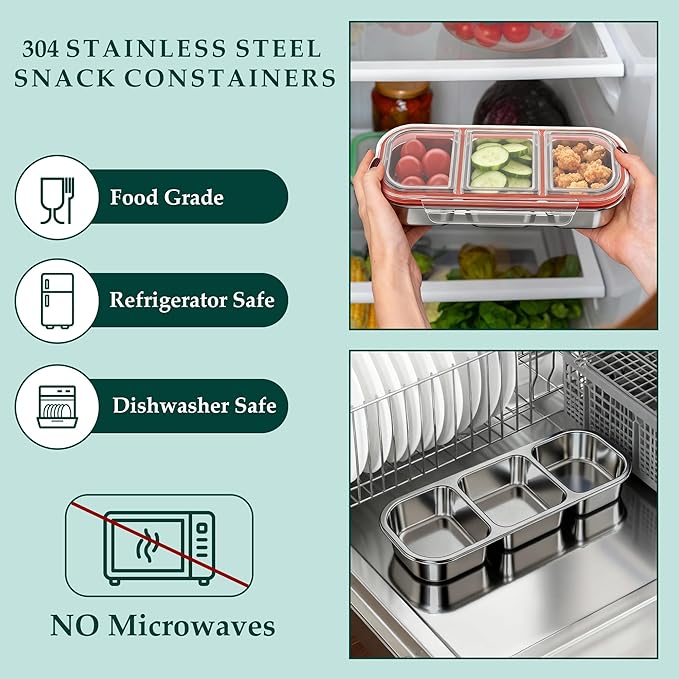 QCQHDU Snack Containers, Reusable Stainless Steel 3 Compartment Condiment Metal Bento Lunch Box with Lids, Divided Snack Food Storage Lunchable Containers for Home, Work, Travel, Camping, 3 Pack