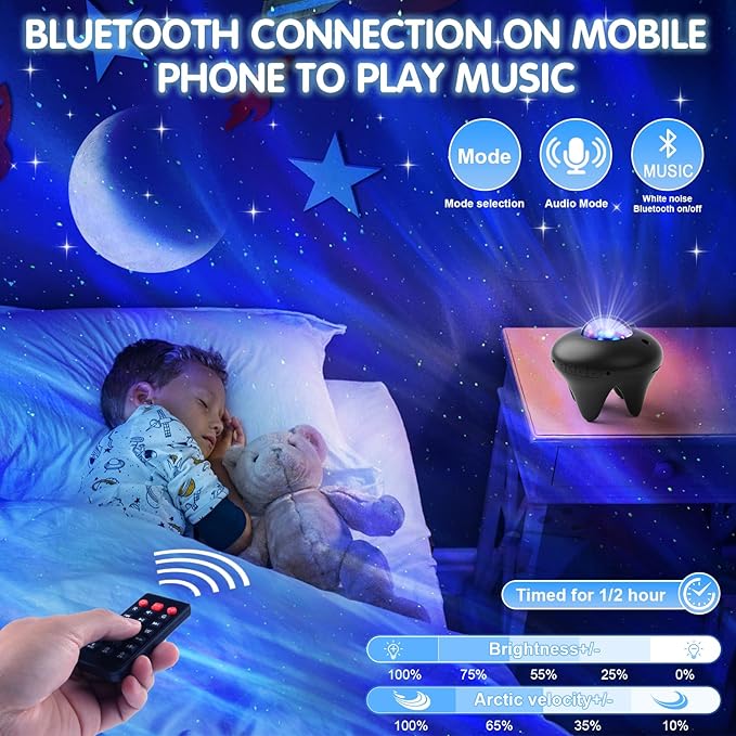 Galaxy Moon Projector, Star Night Light Projector with Bluetooth Connection for Music and Timer and Remote Control for Kids Adults Bedroom Party Bar Decoration (Black)