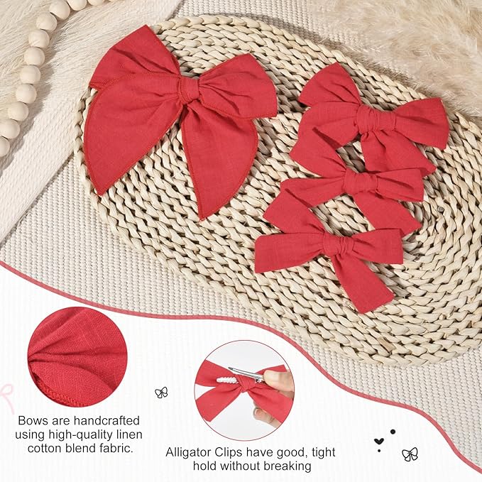 DEEKA 4 PCS Red Cotton Linen Hair Bows 3 Styles 5" & 4" Handmade Hair Bow set for Toddler Girls Alligator Hair Clips Knot Bows Hair Accessories for Little School Girls (Red)