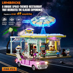 Interstellar-Diner Lighting-Building-Bricks City Set - 2188 Pcs Road UFO Drive-in Restaurant Modular Collection LED Light Space Car Restaurant Set for Adults and Travelling Enthusiasts