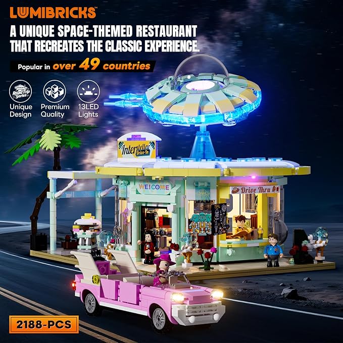 Interstellar-Diner Lighting-Building-Bricks City Set - 2188 Pcs Road UFO Drive-in Restaurant Modular Collection LED Light Space Car Restaurant Set for Adults and Travelling Enthusiasts