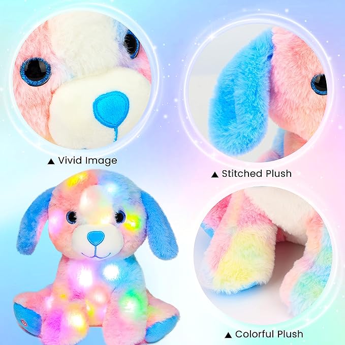 Hopearl Colorful LED Plush Puppy Lighting Up Dog Stuffed Animal Floppy Pup Night Lights Glow in The Dark Birthday Festival for Kids Toddler Girls, Rainbow, 10.5''