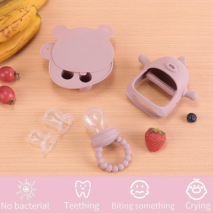 Baby Fruit Feeder & Breastmilk Popsicle Mold Set – 3 Pack Silicone Teething Relief Kit with Food Feeder Pacifier, Freezer Tray with Lid & Baby Teether Toy (Blush)
