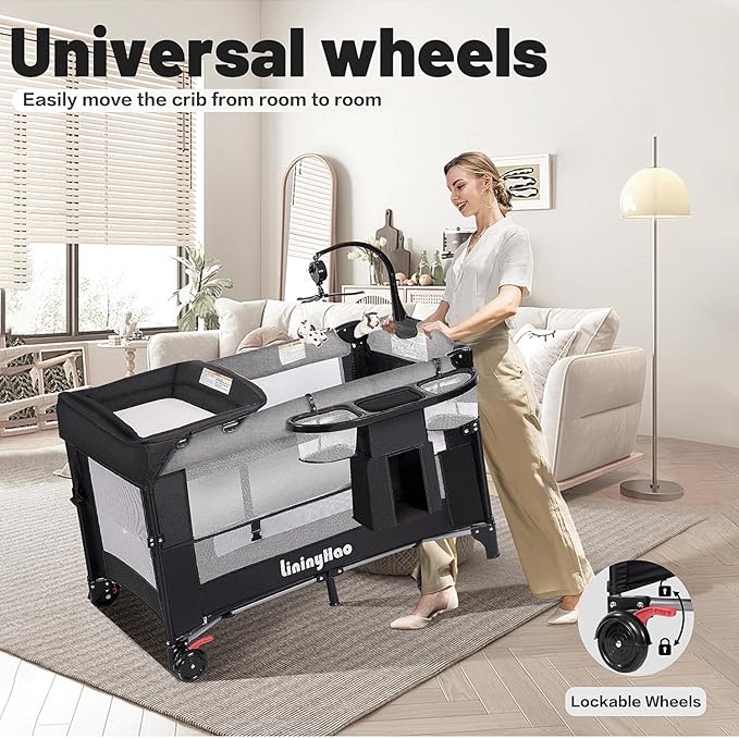 4 in 1 Height Adjustable Baby Playard, Foldable Nursery Center with Music Box Toy Rack, Side Storage, Changing Table, Large Portable Playpen for Newborns and Toddlers（Gray）