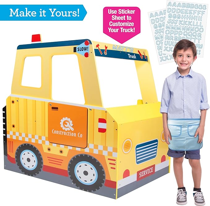 Construction Truck Wooden Playset w 60+ Toy Pieces- Pretend Hammer Saw Bolts & Screws- Spinning Turn Saw, Steering Wheel, Wood to Pull Apart- Dual Sided Play Stand Center, Workbench Building Kids Gift