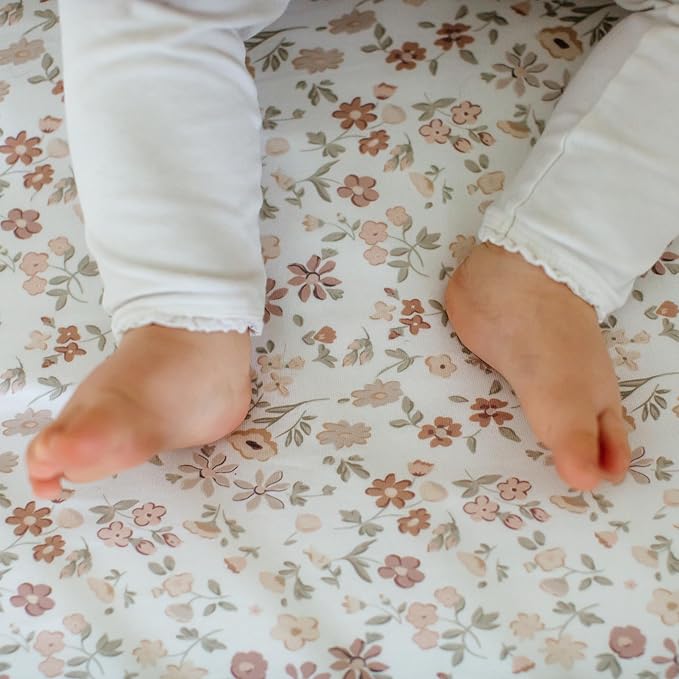 Crib Sheets Neutral - Fitted Baby Crib Sheets Bed for Girl Boy - 2 Pack Standard & Toddler Mattress - Buttery Soft Organic Cotton Blend (Fleurette)