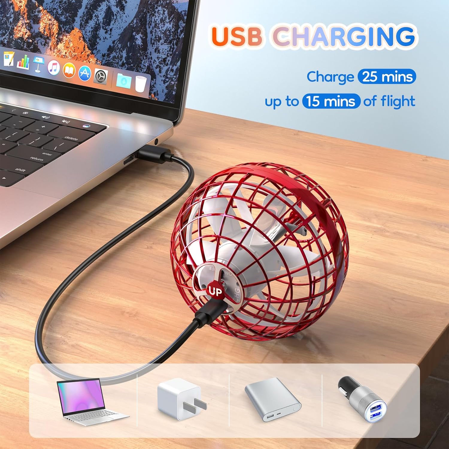 TOMZON Flying Orb Ball, Galaxy Ball Cool Toys for Boys Girls, Hover Ball Boomerang Fidget Spinner, Drone for Kids with Colorful Light Flying Spinner, A32 Red