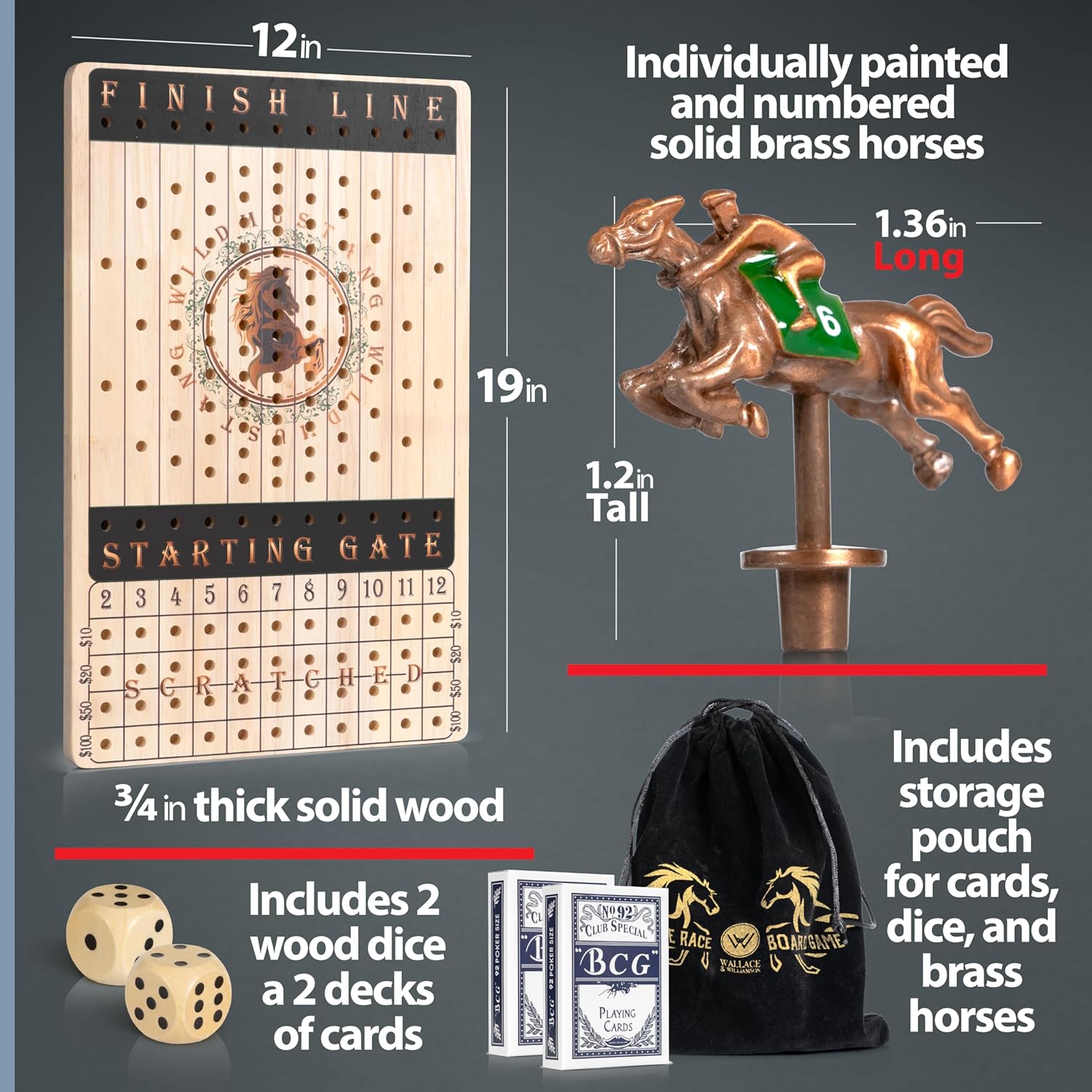 New Metal Horses Horse Race Board Game with 11 Metal Horses, 2 dice and 2 Boxes of Cards, Thick Luxurious Chessboard Wood, Horse Racing, Adult Game for Parties, Family Night