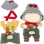 Doll Clothes Set for 17cm Dolls – Plaid Hat, Red Scarf, Yellow T-Shirt & Candy Bib Pants for 15 cm Mini Doll Stylish Outfits Accessories (No Doll & Shoes)