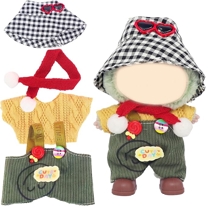 Doll Clothes Set for 17cm Dolls – Plaid Hat, Red Scarf, Yellow T-Shirt & Candy Bib Pants for 15 cm Mini Doll Stylish Outfits Accessories (No Doll & Shoes)