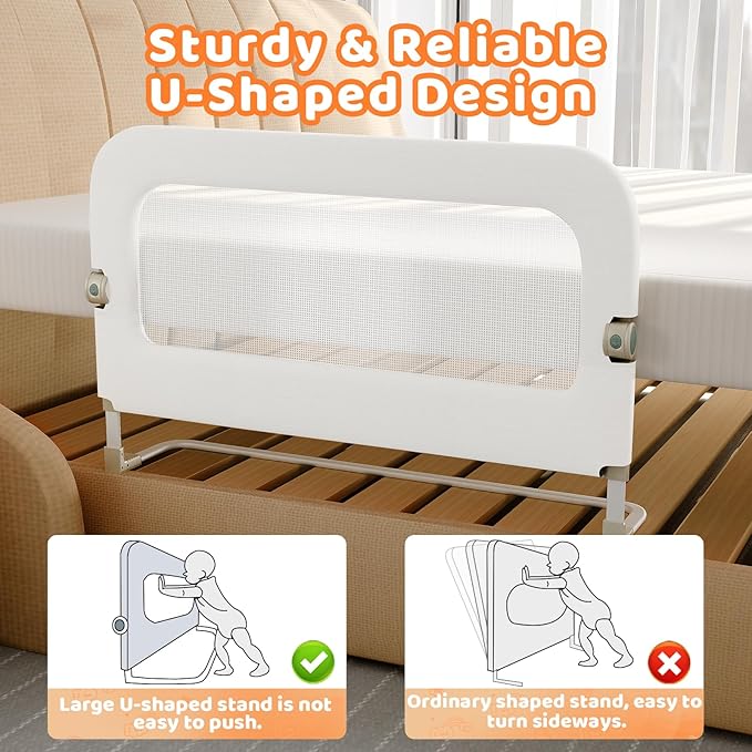 Bed Guard Rail for Toddlers - 32inch Folding up & Adjustable Heights Baby Bed Safety Rails - Portable Toddler Bed Barrier Railing Guard for Kids Twin, Bunk, Queen, Full Size Bed
