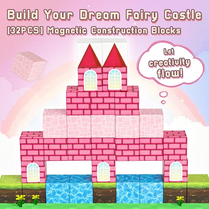 3 otters 32PCS Magnetic Blocks, Toddler Travel Toys Castle Magnetic Building Cubes STEM Learning Toys for Kids Gifts for Girls 3 4 5 6 7 8