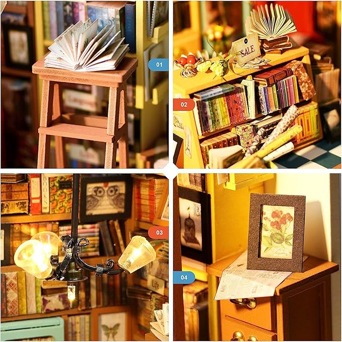 Rolife DIY Miniature House Kit Sam's Study, Tiny House Kit for Adults to Build, Mini House Making Kit with Furnitures, Halloween/Christmas Decorations/Gifts for Family and Friends (Sam's Bookstore)
