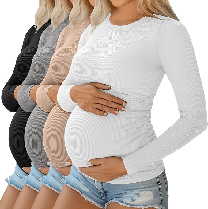 Ficerd 4 Pack Women's Maternity Shirts Cotton Long Sleeve Ribbed Crew Neck Pregnancy Tops Side Ruched Casual Mama Clothes
