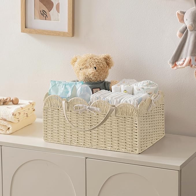 HBlife Baby Diaper Caddy, Paper Rope Storage Baskets Nursery Bin with Removable Divider, Portable Car Organizer for Diapers, Baby Shower Gifts, Newborn Essentials Must Haves