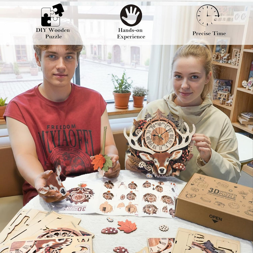 3D Puzzles for Adults Clock-Reindeer Design Model Kit-Mechanical DIY Pendulum Clock with Roman Numerals-Desk Home Office Decor Personalized Gift for DIY Lovers