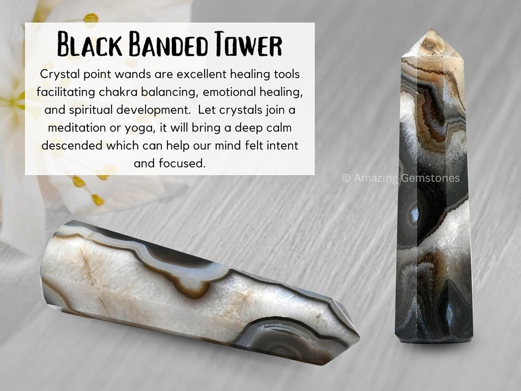 Amazing Gemstone Black Banded Agate Onyx Crystal Towers ~ Natural Healing Crystal Point Obelisk for Reiki Healing and Crystal Grid (3- Inch)