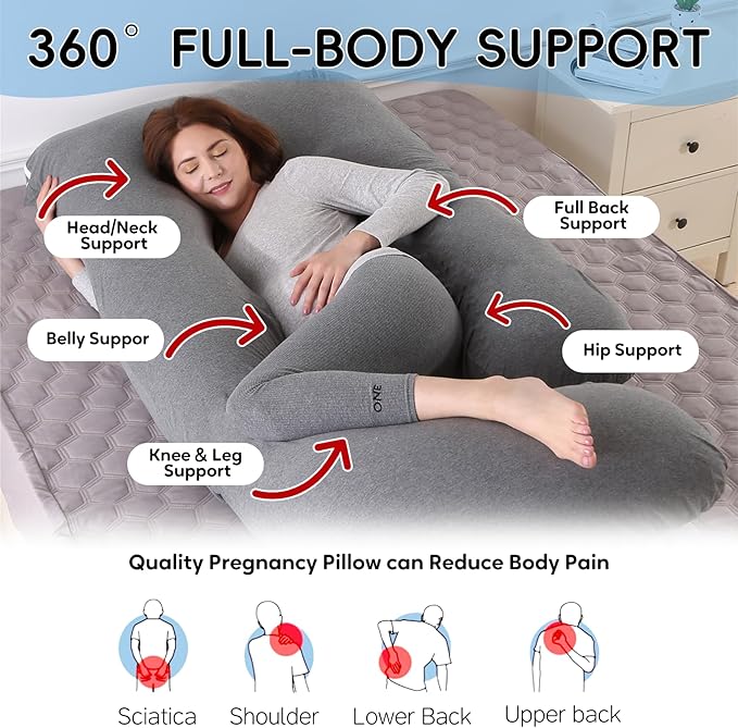 U-Shaped Pregnancy Pillow for Sleeping, Full Body Support for Back, HIPS & Belly -65 Inch Maternity Pillow with Machine Washable Cover | Maternity Essential (Jersey Knit Cotton Gray- 65inch)