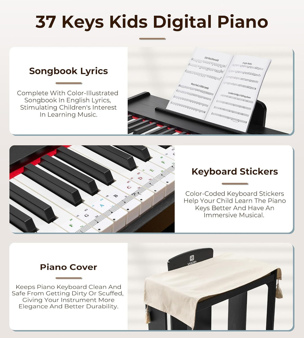 Vangoa Kids Piano Keyboard, 37 Keys Digital Piano for Kids, Music Educational Instrument Toy, Wood Piano for Girls and Boys,Classic Black