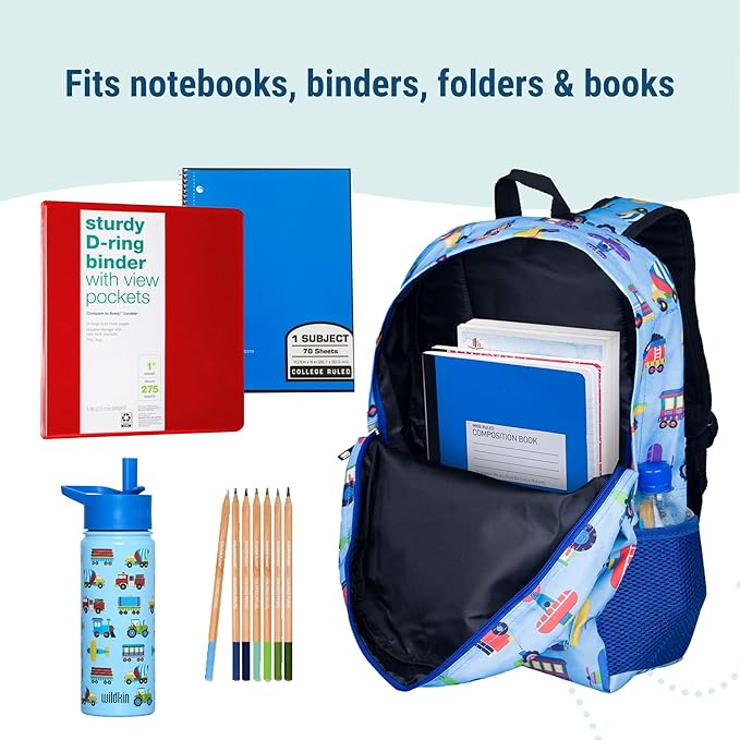 Wildkin 16-inch Kids Backpack – Durable, Padded & Spacious School Bag for Boys & Girls - Trains, Planes, and Trucks