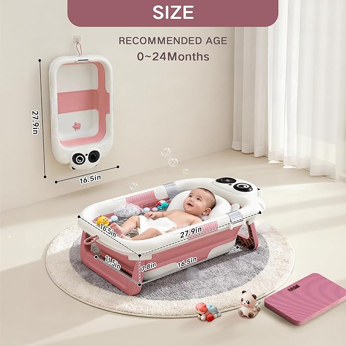 Collapsible Baby Bathtub for Newborn to Toddler (0-24 Months), Portable Baby Bath Tub for Travel, Newborn Bathtub with Soft and Supportive Cushion (Panda-Pink)
