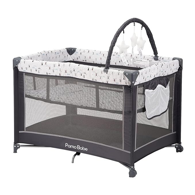 Pamo Babe Portable Playard,Sturdy Play Yard with Padded Mat and Toy bar with Soft Toys
