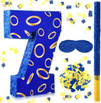 Number 7 Blue and Golden Rings Piñata for Kids Birthday Cartoon Theme Small Piñata with Blindfold Stick Confetti for Fiesta Cinco De Mayo Party Decor, 15.8 x 11 x 2.8 Inch