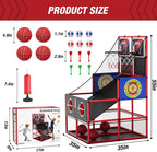 2 in 1 Dual Shot Basketball Arcade Game with 2 Dart Boards/Electronic Scoreboard/LED Light, Kids Basketball Hoop for Home Indoor Outdoor, Sport Toys Gifts for Boys Girls