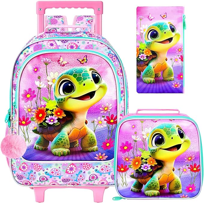 Girls Rolling Backpack, Cute Turtle Roller Wheels Kids Bookbag - Wheeled Elementary School Bag - 3PCS Turtle