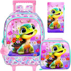 Girls Rolling Backpack, Cute Turtle Roller Wheels Kids Bookbag - Wheeled Elementary School Bag - 3PCS Turtle