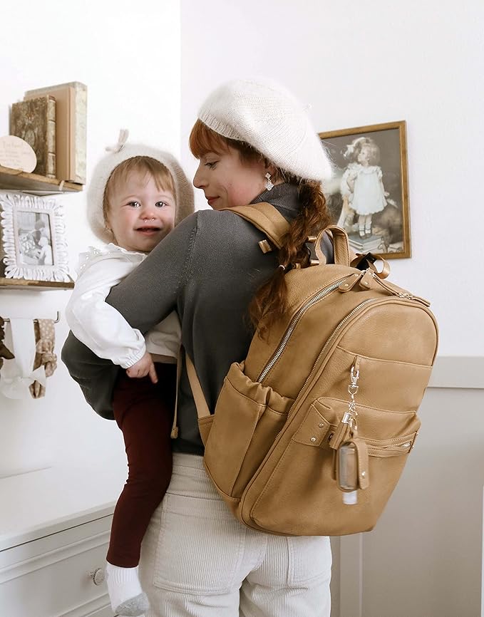 miss fong Leather Diaper Bag Backpack Baby Diaper Bag with 16 Pockets Baby Bag with Hand Sanitizer Holder, Changing Pad, 2 Insulated Pockets(Peanut)