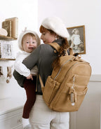 miss fong Leather Diaper Bag Backpack Baby Diaper Bag with 16 Pockets Baby Bag with Hand Sanitizer Holder, Changing Pad, 2 Insulated Pockets(Peanut)