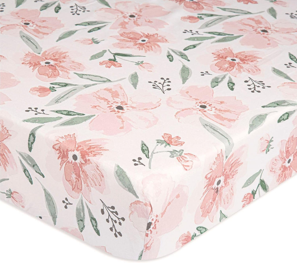 Crane Baby Floral Crib Sheets, 100% Cotton, Breathable Baby Bedding for Standard Mattress, Pink Nursery Decor, Machine Washable Pink Floral Crib, Toddler Sheets