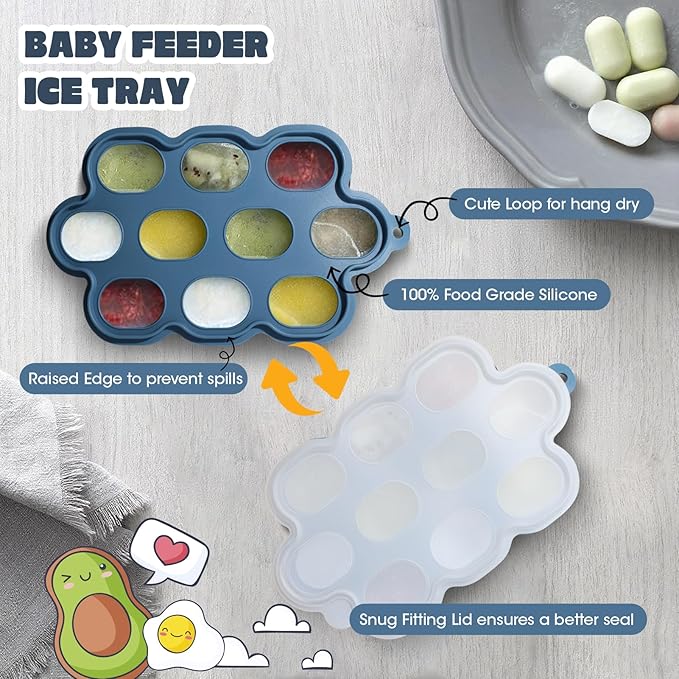Baby Fruit Food Feeder & Breastmilk Popsicle Molds for Teething Relief, Baby Feeding Sets, 1 Freezer Tray with Lid & 1 Teether Toy & 1 Silicone Teething Pacifier Feeder, Extra Food Pouches (Blue)