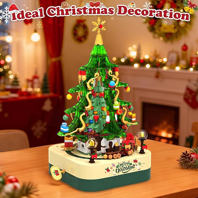 SpringFlower 594 PCS Christmas Tree Building Block Set, Rotating Music Box Christmas Building Block Tree for Boys Girls Adults, Xmas Gifts Decorations for Kids Adults Teens,Green