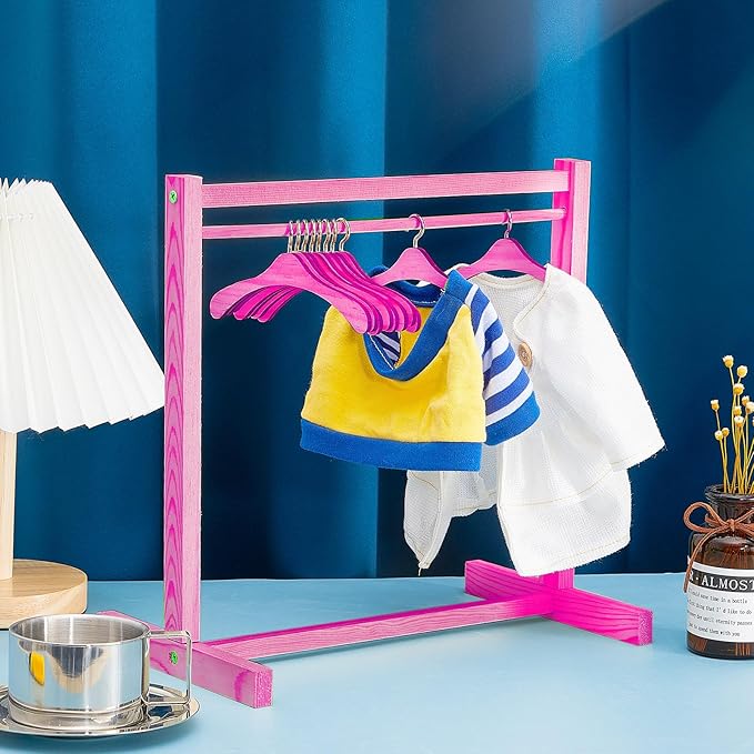 Civaner 11 Pcs Doll Garment Rack with Wooden Clothes Hanger for 18 Inch Girl Doll Clothes Mini Hangers Wardrobe Furniture Accessories for Dollhouse Baby Shower Supplies (Rose Pink)