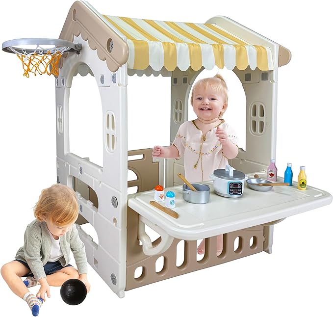 41.3" x 31.4" x 29" Kids Cottage Playhouse, Indoor/Outdoor Toddler Playhouse with Working Doors, Worktop & Basketball Hoop, Durable Plastic Playset for Kids Ages 1+ Years Old