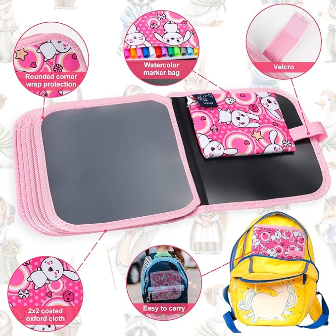 Erasable Doodle Set for Kids - Magic Drawing Book with 12 Watercolor Pens, 14 Pages - Road Trip Car Game Writing Painting Set for Boys and Girls (Rabbit)