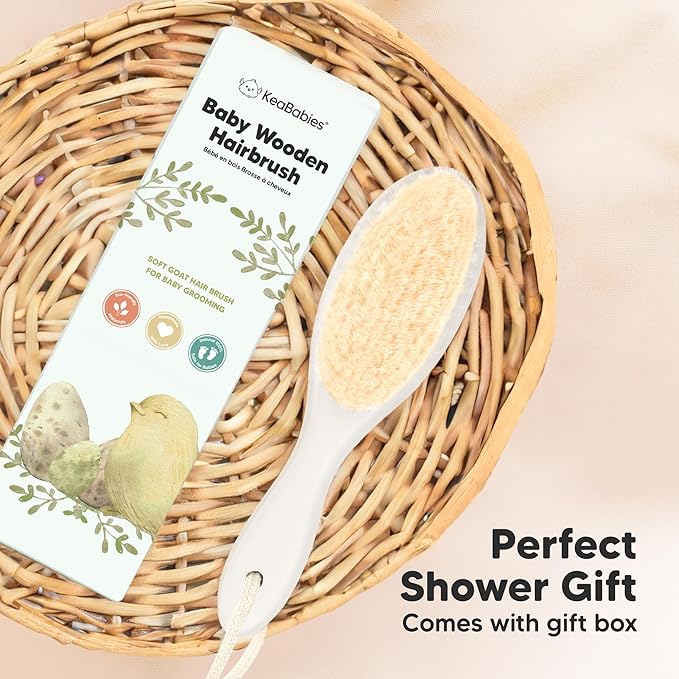 Wooden Baby Hair Brush - Cradle Cap Baby Brush with Soft Goat Bristles, Perfect Gentle Scalp Newborn Comb for Infant, Girls, Boys, Bath Essentials (Vanilla, Oval)