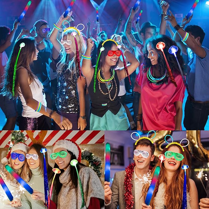 272 PCs Glow Party Supplies, 24 Foam Glow Sticks, 24 LED Glasses and 200 Glow Sticks ＆ Bracelets, 12 Glow sticks headband 12 Fiber Optic Hair Light，Glow Neon Party Favors for Wedding, Concert, Raves