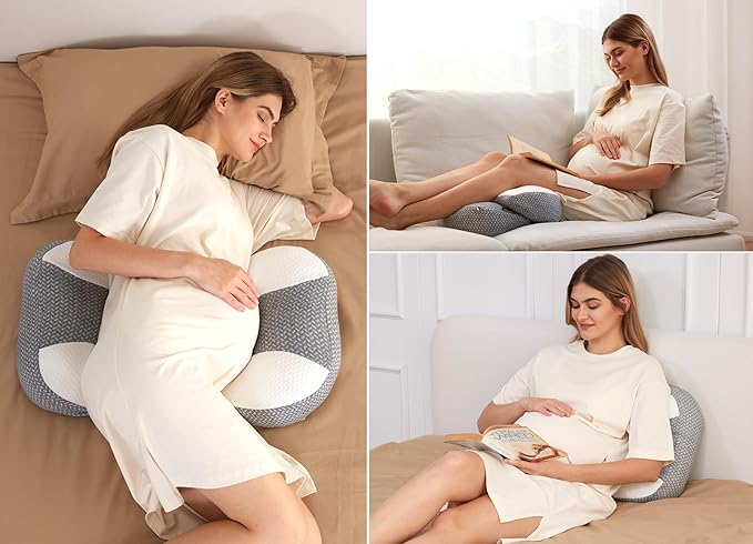 Momcozy Plus W Shaped Pregnancy Pillow for Sleeping, Adjustable Maternity Pillow for Side Sleepers, Portable Wedge Belly Support, Compact Design for Back Belly and HIPS, Grey and White
