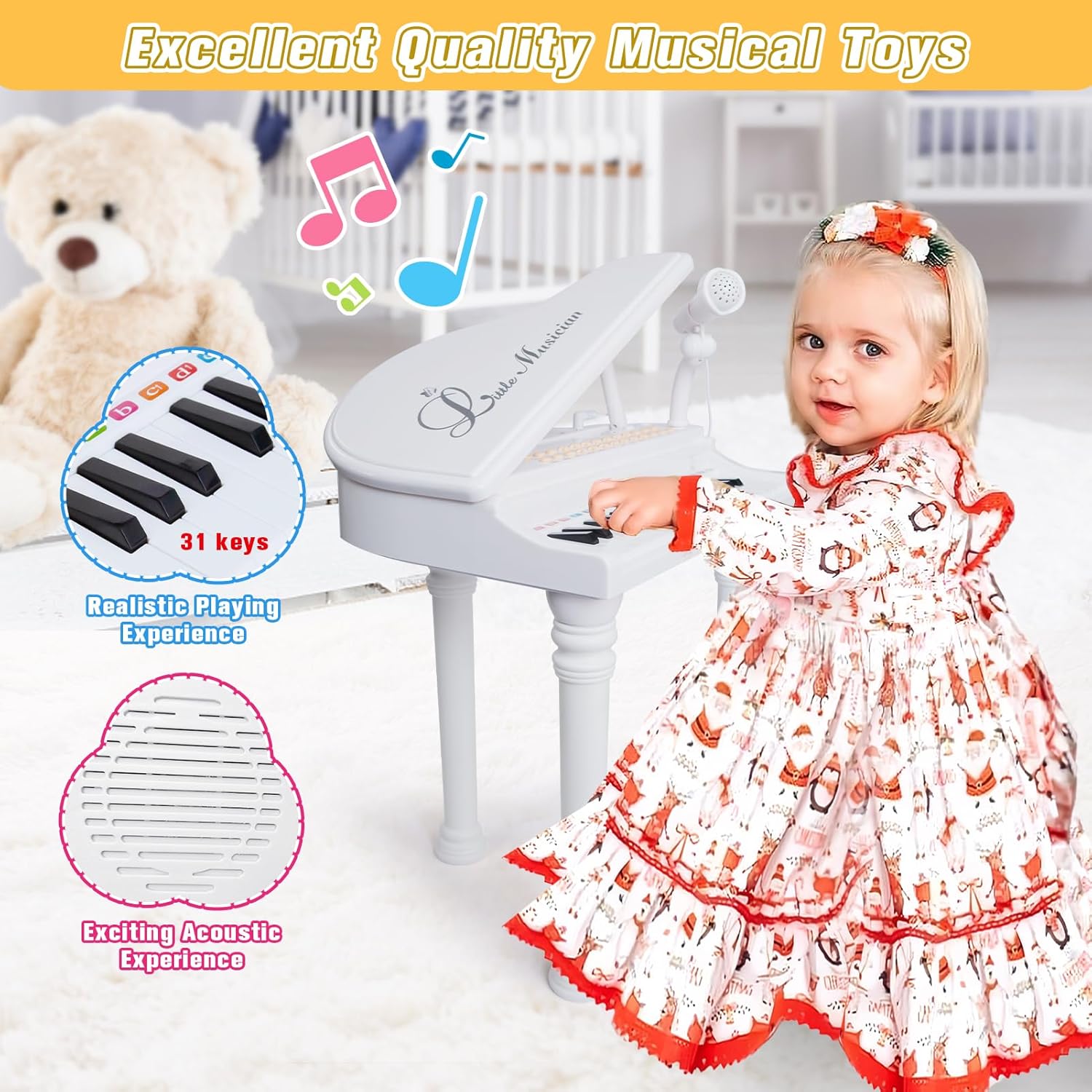 Love&Mini Piano Toy Keyboard 31 Keys for Age 3+ Year Old Girls Boys Birthday Gifts, Kids Keyboard Toy Instruments Piano with Microphone and Stool