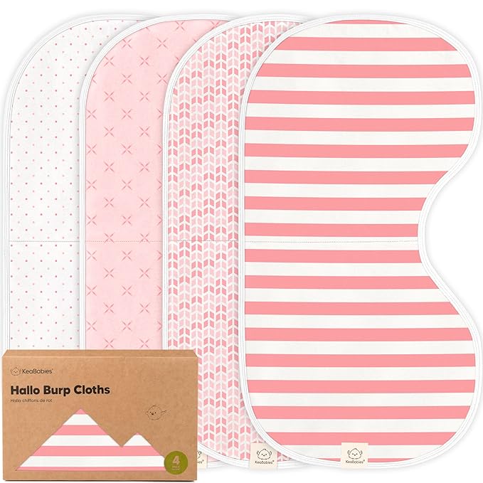 KeaBabies 4-Pack Baby Burp Cloths Baby Girl, Boy - Organic Cotton Burp Cloth, Extra Large, Absorbent, Soft Burping Cloths & Bibs Set for Babies, Newborn Burp Clothes, Thick Burp Rags (Blush)