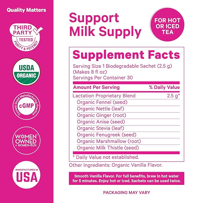 Pink Stork Organic Lactation Tea – Fenugreek, Fennel, Milk Thistle + More – Support for Breastfeeding, Pumping, Hydration, Milk Flow – Smooth Vanilla – 15 Sachets, Caffeine-Free